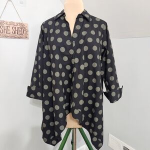 COMFY USA Polka Dot Button Up Tunic Top Black Gray Lagenlook Oversized Medium